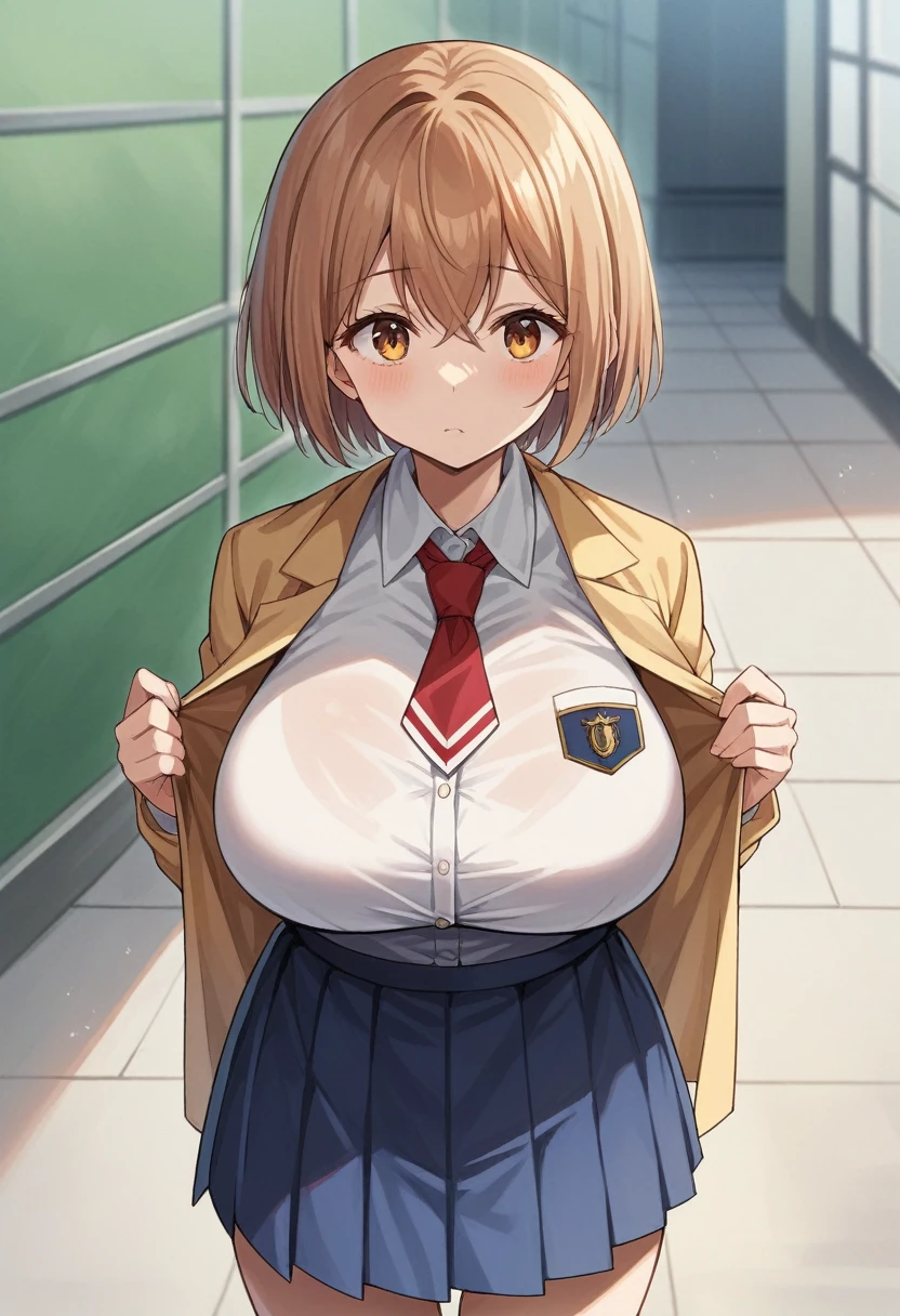 私は告whiteします_Alice, Huge breasts:1.5, Are standing, alone, School_uniform_white_shirt_brown_mini skirt_yellow_sweater_red_tie, masterpiece, Highest quality, Detailed face, Fine grain, High resolution,short hair