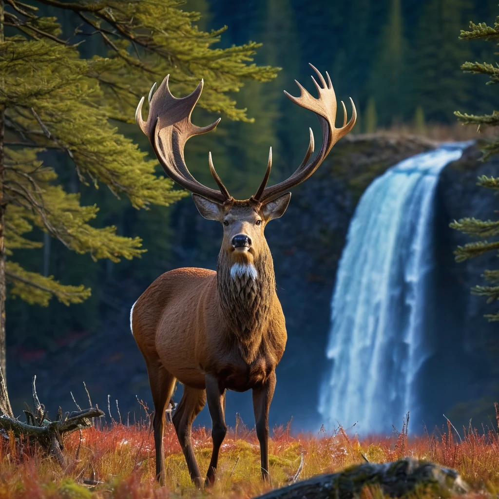 (masterpiece, 8K, UHD, RAW), A large North American red deer with- large antlers, the deer is a large male buck standing in the clearing of the great red wood Forest, there is a distant waterfall, and snow capped mountains, deep blue sky and vivid colours
