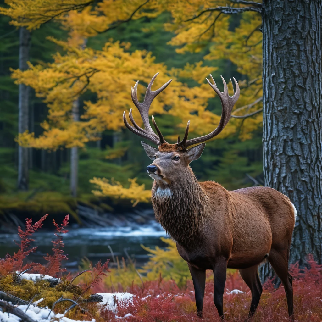 (masterpiece, 8K, UHD, RAW), A large North American red deer with- large antlers, the deer is a large male buck standing in the clearing of the great red wood Forest, there is a distant waterfall, and snow capped mountains, deep blue sky and vivid colours