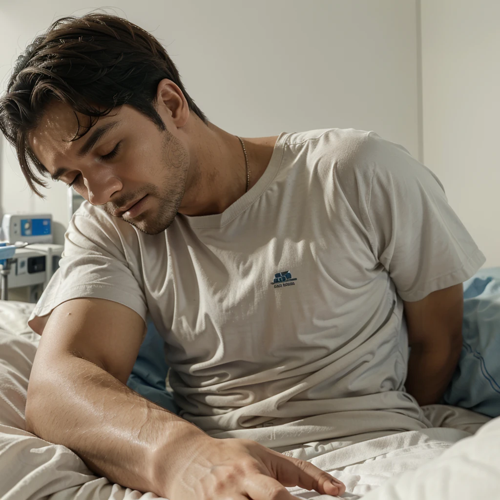 sick man sleeping on bed in hospital. his condition is hard