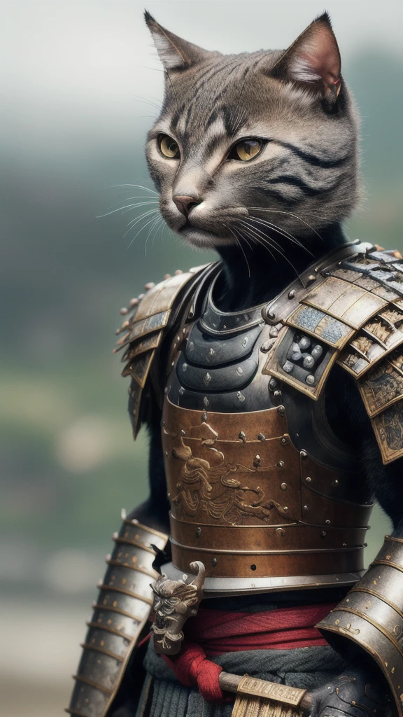 An ancient anthropomorphic cat samurai using an ancient samurai armor, photography, beautiful, bokeh temple background, high detailed skin, skin pores, coastline, overcast weather, wind, waves, 8k uhd, dslr, soft lighting, high quality, film grain, Fujifilm XT3,