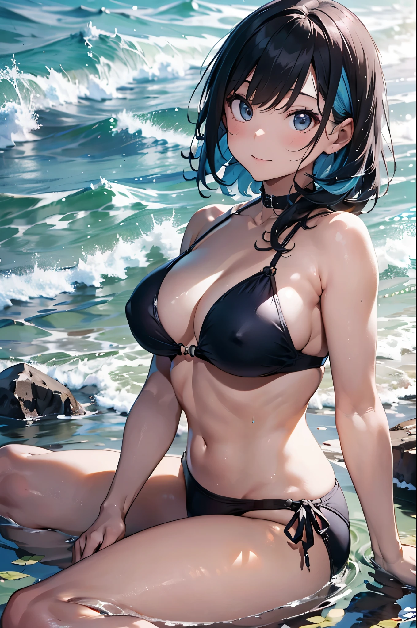 High resolution,Light blue hair、
One beautiful young woman,
(Soft saturation:1.3), (Fair skin:1.2),
(ultra-Detailed Background, Detailed Background), Bokeh,
Blake Smiling Girl Portrait.,
When viewed from the front, The composition is symmetrical,
Looking straight at you with serious eyes,
Blake Swimwear, Colorful Bikinis, Medium chest,
Outdoor, Sea surface, null, sunlight,Summer beach, Sandy Beach,
Strong light, Front lighting,
(:1.3), (Cowboy Shot:1.2),
Frontal break angle,
View your viewers,
Dynamic pose,
sitting on the beach
seaweed、seaweed、seaweed、seaweed、seaweed、seaweed、seaweed、