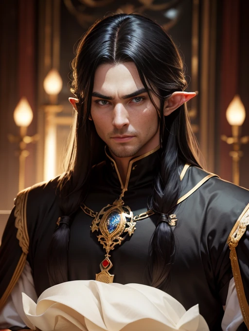 male elf, 35 year old, long black hair, beautiful face, symmetrical chin, serious expression, muscled body, silk clothing, crown on head, Royal Palace.