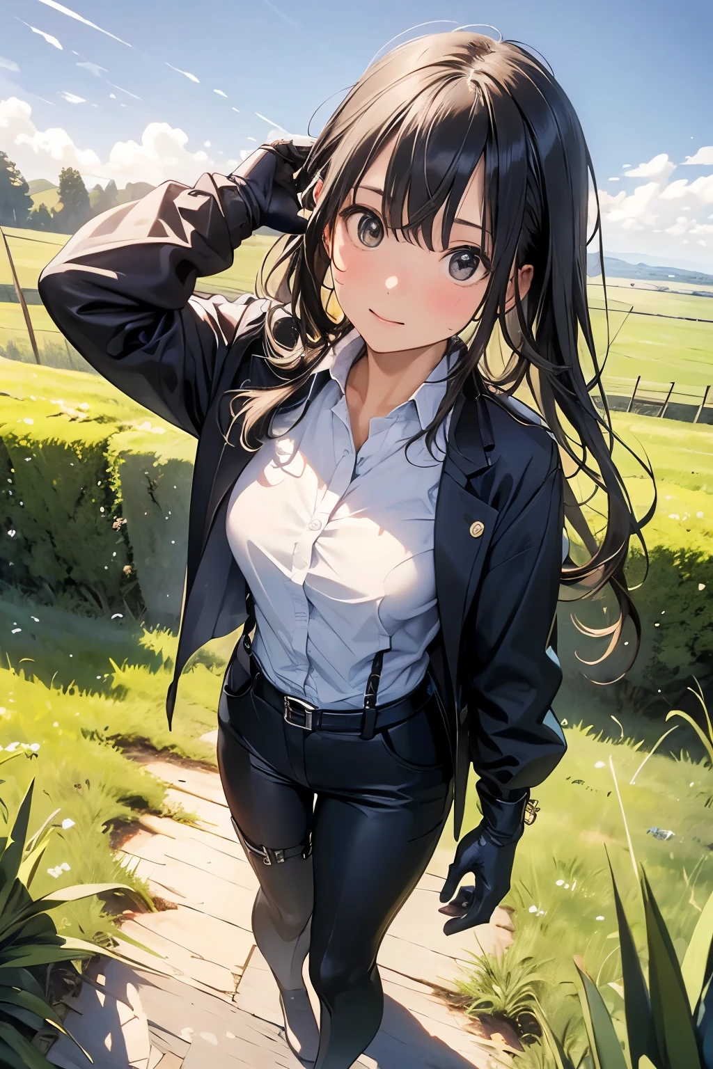 Highest quality, masterpiece, Ultra-high resolution, (realism: 1.4), Oil painting style, Cinema Lighting, An endless grassland dotted with a few houses, I stood on the empty asphalt road and looked at it., Fairy Mountain々was shrouded in mist, And the suspenders with the cranes flying Moderate breasts Small face holster Beautiful woman Lying in bed Looking up Sweat belt summer 脇Sweat Black Hole Gloves suit shirt Black jacket Black trousers Leg Links ズボンにbelt holster Nipples show through the top of clothes