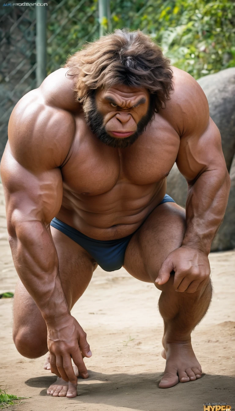 (RAW photo of a Neanderthals:1) , (hyper realistic:1.4), (Neanderthal man:1.4),(big bulge:1.5), tall, bulky,hulk body, chubby belly, (very muscular:2), (hairy body:1.5),(detail face:1.1), tan skin, thick arms, (veiny arms:1.1), (bloated gut:1.5),(wearing underwear:1.1),(black thong:1.1), thick legs, rounded pecs, (big arms:1.1), veiny arms, dark brown skin, (alone in a zoo:1.1) ,(hunching down:1.1), on all fours, hdr, photorealistic masterpiece, cinematic, best quality, sharp focus,