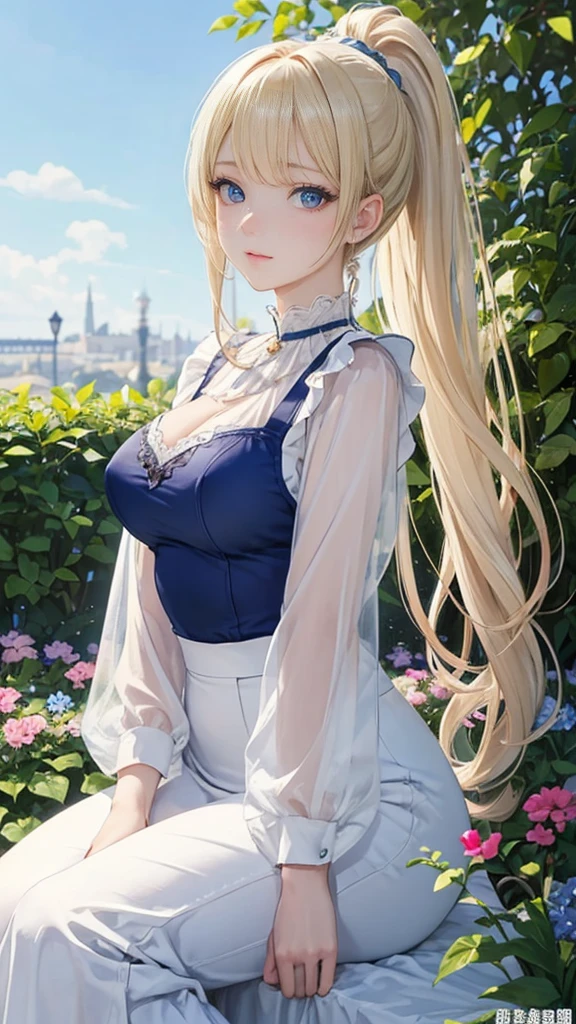 (masterpiece:1.2), (highest quality:1.2),, Curvy but slender body, Perfect Eyes, Perfect Face, Perfect lighting, 1 girl, in the garden, (blouse),(whole bodyショット),(Long skirt),(ponytail), Quality clothing, Detailed outdoor background, Compensate, eye shadow, Thick eyelashes, Fantasy, Looking at the audience, whole body、blue sky、Bright and very beautiful face、Young and shiny white glossy skin、The ultimate beauty、The most beautiful light blonde hair in the world、Thin Hair、Long Hair、Shiny beautiful bangs、Big, bright blue eyes、Very beautiful and lovely 18 year old, The most beautiful girl in the world、Small breasts