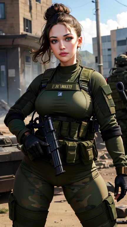 Kat Dennings as Israel military woman, beautiful, beautiful face, realistic face, beautiful hazel eyes, brunette hair bun hairstyle, puffy lips, slim athletic body, perfect breasts, round ass, thick thighs, israel military uniform, tactical gear, tactical gloves, black combat boots, tight camouflage pants, destroyed building in background, tight fit full outfit, head to toe, armored vehicle