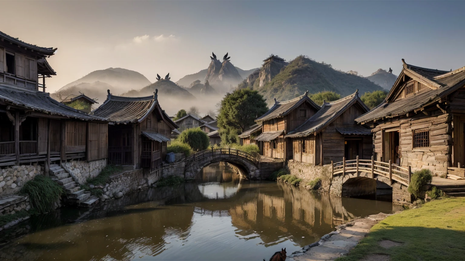 Masterpiece, High Quality, high resolucion,8K, Chinese painting ,, withered vine, three ((wood)), Twilight ((crow)) free pop sounds,, ((Small bridge)), flowing water, (((rustic house))), (horse:1.6),, A chilly wind blows from the west. ((ancient road)),, When the sun goes down, My heart aches with anger,,