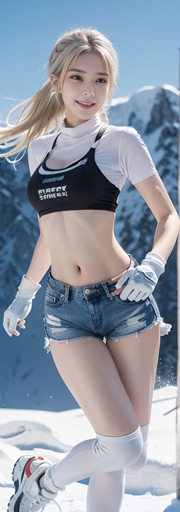 (8K、original photo、Top quality、masterpiece:1.2)、(Realist、Photorealistic:1.37)、Ultra Detailed、Ultra-high resolution、Wearing white navel-baring short-sleeved，Blue denim super shorts，Hourglass figure，Wearing black tactical gloves，sports shoes，blond，Girl with two braids，Close-up of jumping in the snow、Full body close-up，Fighting Stance，Shooting Stance，With a gun，持pistol, pistol，Aiming the gun，Bullet special effects，Full body close-up，Snowfield background，winter，snow，Explosion effects，Bullet special effects，Smile，White skin、Smooth skin、Extremely beautiful face，Dynamic Angle、Dynamic Lighting