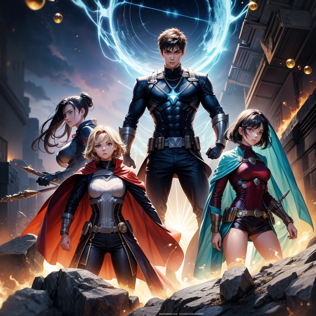 Confident and charismatic young man 20 years old, surrounded by two girls., Reminiscent of iconic Avengers posters. A young man stands in the center, Exuding a sense of leadership and strength, while two girls stand on either side of him. Each girl represents a different archetype, genius scientist and skilled warrior, and each of them has their own distinctive costumes and characters.. The composition should convey cohesion and teamwork., when they come together to solve a common problem. The artistic style should reflect the essence of the heroic and dynamic ensemble, magic bubbles up around the guy in the center, the guy in the center has a hand in magic, Magic effect, 