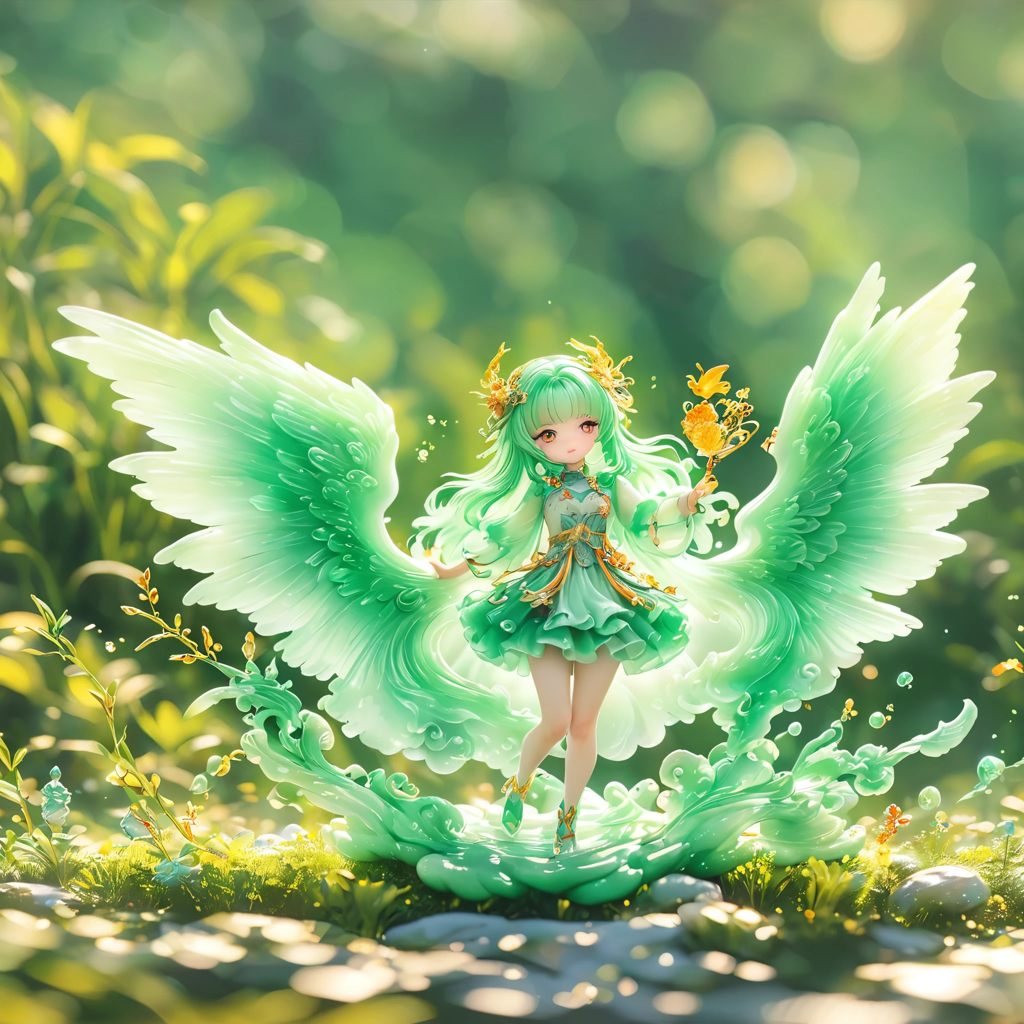 best quality, very good, 16K, ridiculous, Very detailed, Gorgeous((( Angel 1.3)))，Made of translucent jadeite, Background grassland（（A masterpiece full of fantasy elements）））， （（best quality））， （（Intricate details））（8K）