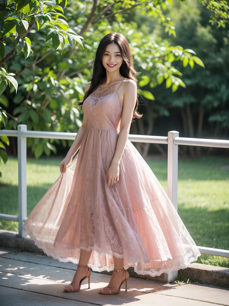 最high quality, 8K, Masseter area, Energetic, concentrate, high quality, high resolution, Delicate face, Fine particles, thick lips, (Looking at the audience), solitary, Beautiful woman, 25 years old,full image， Plum, Black long hair,  (Light-colored spaghetti strap lace dress:1.5)，（Standing in the park：1.5）、Blurred Background，((Smile:1.5))、((Wearing black high heels))，High Aims，Gentle and intellectual