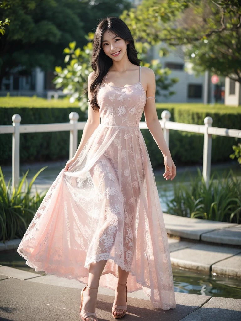 最high quality, 8K, Masseter area, Energetic, concentrate, high quality, high resolution, Delicate face, Fine particles, thick lips, (Looking at the audience), solitary, Beautiful woman, 25 years old,full image, Plum, Black long hair, (Light-colored spaghetti strap lace dress:1.5),(Standing in the park:1.5)、Blurred Background,((Smile:1.5))、((Wearing black high heels)),High Aims,Gentle and intellectual