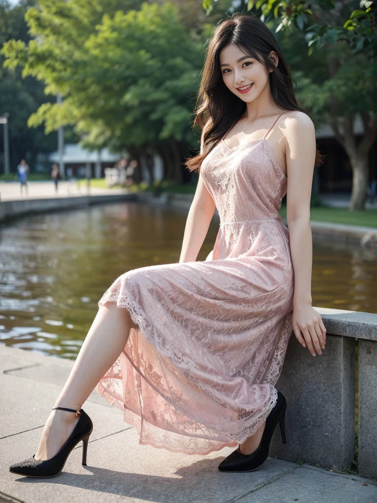 最high quality, 8K, Masseter area, Energetic, concentrate, high quality, high resolution, Delicate face, Fine particles, thick lips, (Looking at the audience), solitary, Beautiful woman, 25 years old,full image， Plum, Black long hair,  (Light-colored spaghetti strap lace dress:1.5)，（Standing in the park：1.5）、Blurred Background，((Smile:1.5))、((Wearing black high heels))，High Aims，Gentle and intellectual