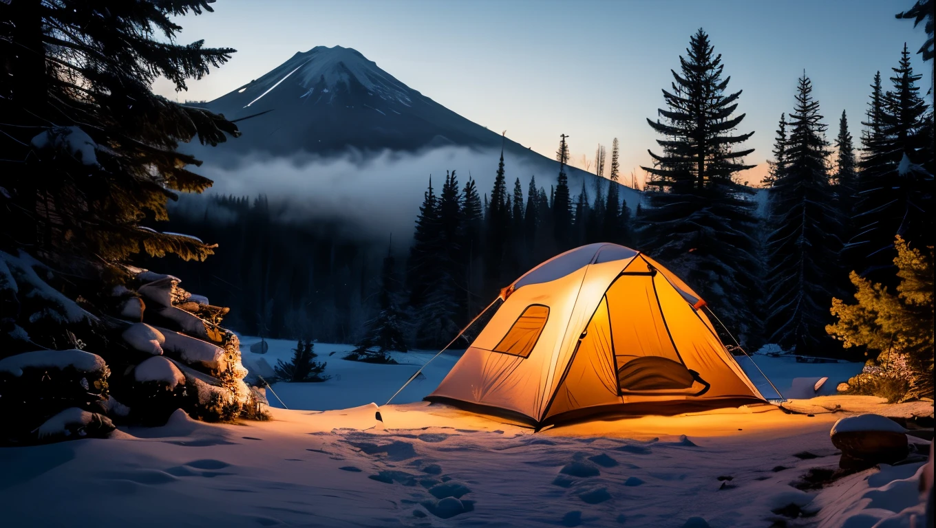 tent near a glass mountain in a large canyon, nighttime conditions lit firewood outside the tent, surrounded by icy forest, volcano emitting colorful smoke, the whole forest covered with many colors, aesthetic, very aesthetic, artistic, very detailed, masterpiece, light refraction, very detailed, very detailed, a masterpiece, sharp colors, contrast, 16k, high quality, hdr