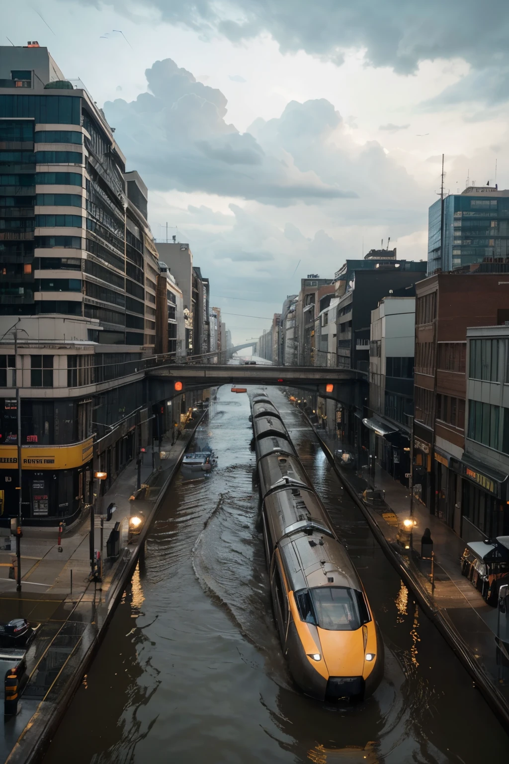 In the heart of a flooded metropolis, where trains gracefully glide over water-logged streets, this breathtaking scene is magnificently captured by a high-end Sony a7R IV camera equipped with a 70-200mm lens. The hyper-realistic detail of this image showcases the flawless operation of the trains even in the heavy downpour, revolutionizing urban transportation and highlighting the pinnacle of modern engineering. This extraordinary moment, filled with the essence of resilience and innovation, is a testament to human ingenuity and engineering excellence.