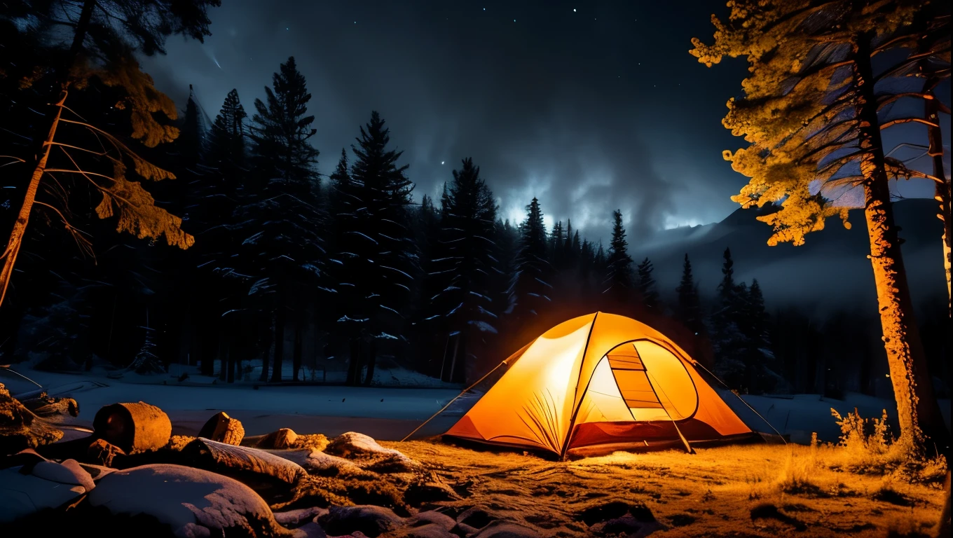 tent near a glass mountain in a large canyon, nighttime conditions lit firewood outside the tent, surrounded by icy forest, volcano emitting colorful smoke, the whole forest covered with many colors, aesthetic, very aesthetic, artistic, very detailed, masterpiece, light refraction, very detailed, very detailed, a masterpiece, sharp colors, contrast, 16k, high quality, hdr