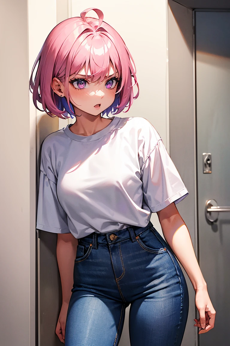 a girl , , pink hair, hair behind ear, short hair, purple eyes, angry,screaming, wearing a white shirt and blue jean , high quality, high details