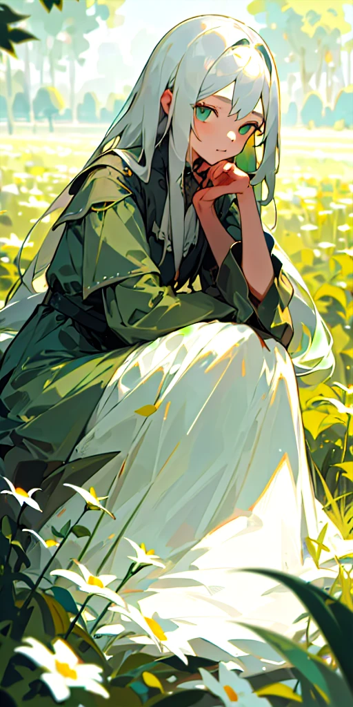 (masterpiece, best quality), High quality, low contrast, 1girl with long aschgray hair sitting in a field of green plants and flowers, her hand under her chin, warm lighting, Colorful dress, blurry foreground