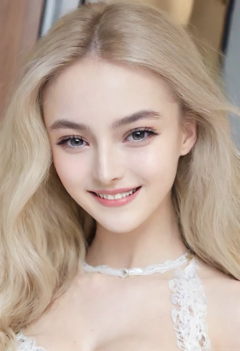 （（European Caucasian Woman））、（（Mary, 18 years old））one person、Thin contours、Grey Eyes、Big Breasts、Narrow waist、White and translucent skin、Beautiful, shiny blonde medium-long hair、8-head-tall model style、White lace long dress、Waist-down angle、Tokyo city、smile