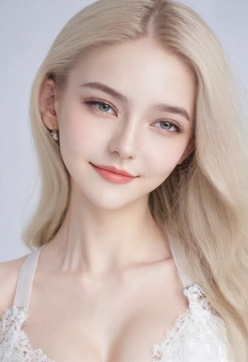 （（European Caucasian Woman））、（（Mary, 18 years old））one person、Thin contours、Grey Eyes、Big Breasts、Narrow waist、White and translucent skin、Beautiful, shiny blonde medium-long hair、8-head-tall model style、White lace long dress、Waist-down angle、Tokyo city、smile