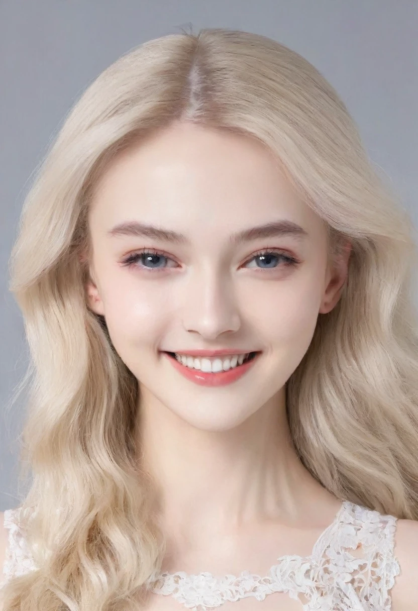 （（European Caucasian Woman））、（（Mary, 18 years old））one person、Thin contours、Grey Eyes、Big Breasts、Narrow waist、White and translucent skin、Beautiful, shiny blonde medium-long hair、8-head-tall model style、White lace long dress、Waist-down angle、Tokyo city、smile