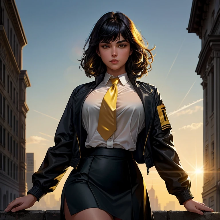 1girl, intricate detail, masterpiece, best quality, extremly detailed,cinematic lighting, beautiful detailed glow, finely detailed beautiful face and eyes, 8k, dark intense shadows, yellow eyes, medium hair, black hair, bangs, floating hair, black jacket, open jacket, white sheer shirt, expressionless, yellow necktie, black lifting skirt, spotlight, sunshine, sunrise, gradient sky, city, lens flare, cowboy shot, [[curvy]], [mature female]