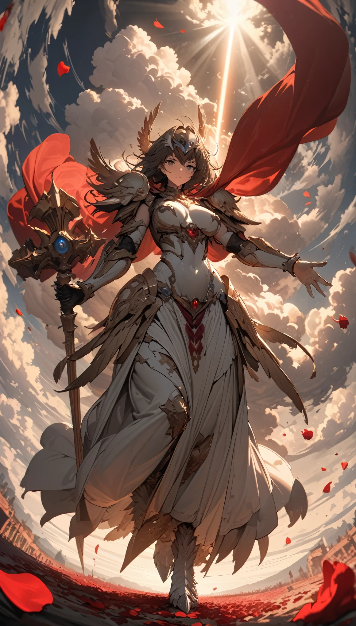 woman，((Holding an oversized and heavy scepter)), （（silver white）），Silver ancient heavy armor, Extra thick helmet，There are small wings on the sides, (((Smooth Mask)), Wrap the whole body, ((Red Cape)), ((Beautiful six-winged battle angel woman)), Handsome face, Full body view, (((Light beam)), (((feather)), ((Thick clouds under your feet)), (((Rose petals fall))), Stereoscopic perspective, masterpiece, Facial details, very good, 16k resolution, high quality, light, High Detail, Dynamic perspective, detailed, Epic Shooting