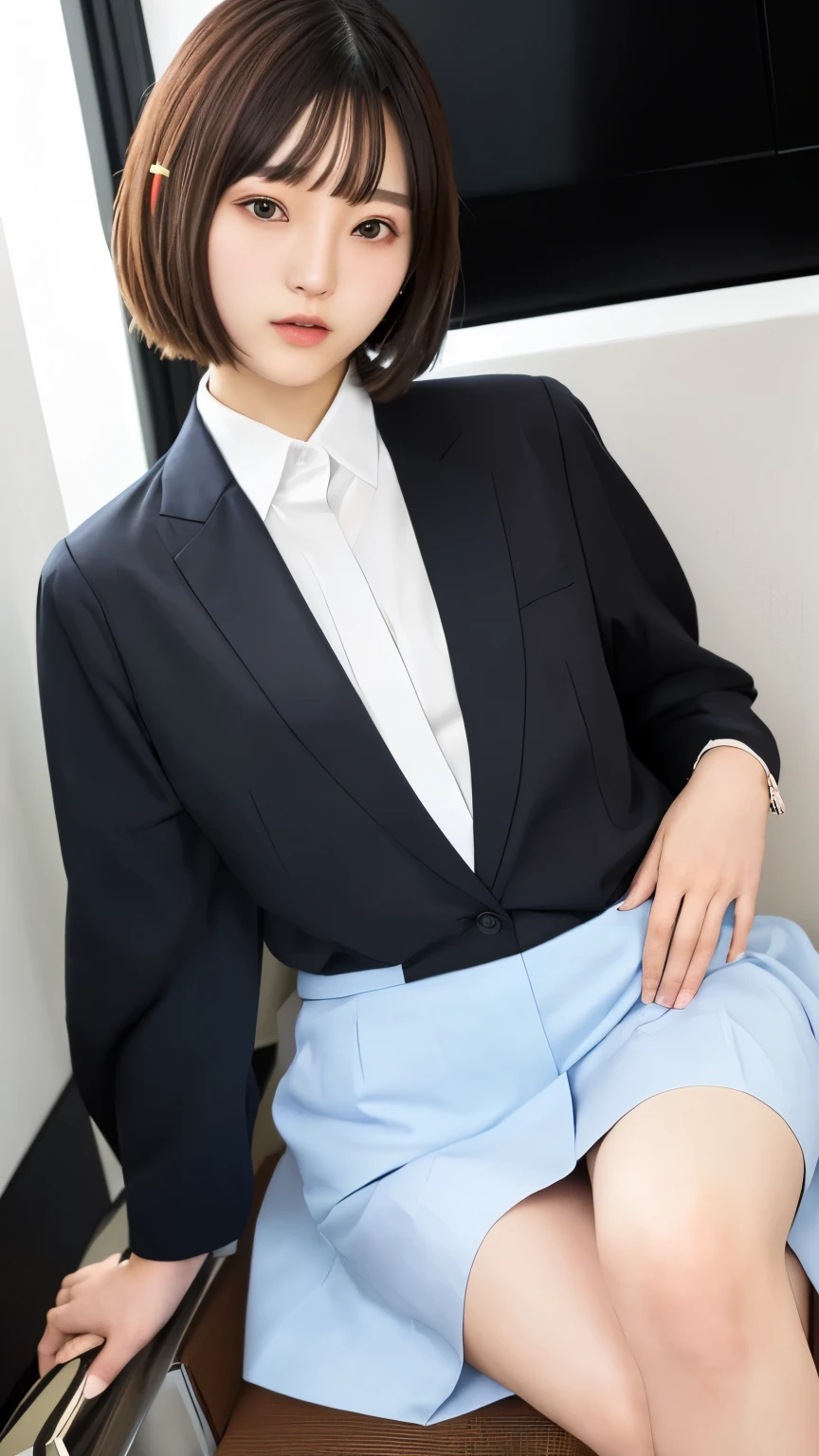 Japanese woman wearing a shirt and skirt sitting on a chair, Wear a shirt, 白衣とWearing a blouse, Office Clothes, Wearing a suit, ビジネスWearing a suitいる, Wearing a blouse, Girl in suit, Business Attire, Open shirt, Japanese female fashion model, Dressed、(((flat chest)))、short hair、Ear Piercing
