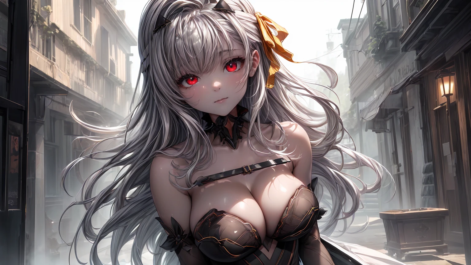 ((((Obra maestra, La mejor calidad, ultrahigh resolution)))), 1girl, standing, (cute maid costume), ((long pure silver hair and grey mesh hair, hair over eye)), long hair cut, pale skin, ((red eyes)), glowing_eyes, neon eyes, (ultra detailed eyes:0.7, beautiful and detailed face, detailed eyes:0.9), ((centered)), smile, ((wide shot)), facing viewer, ((vibrant background, bright lighting, summer, sunlight)), flat chested, looking at viewer, ((half closed eyes)), ((perfect hands)), (((head:1, arms, hips in view, elbows, arms, legs, in view))), ((hands behind back)), empty eyes, beautiful lighting, ((outside, outdoors)), defined subject, head tilt, (((gritty)), ((creepy)), ((cool)), ((beautiful)), (((SFW)))