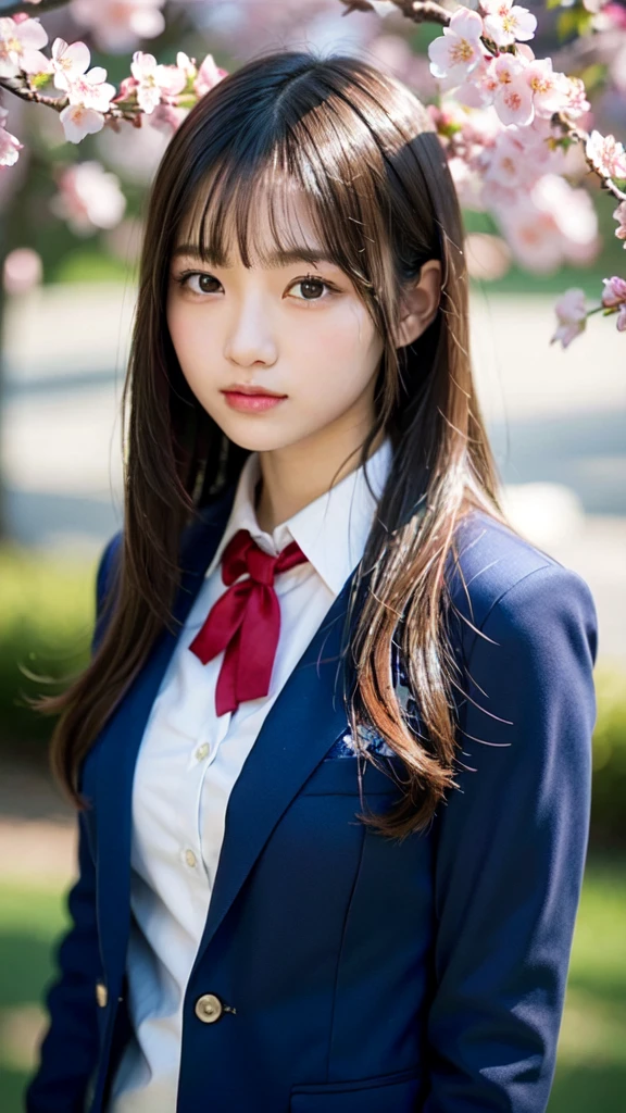 graduation ceremony, high school girl, uniform , navy blue blazer, Cherry tree in full bloom, Cherry blossom confetti, perfect proportions, cute、((18 year old female:1.2)), young adorable Japanese face, official art, Highly detailed CG Unity 8K wallpaper,(masterpiece:1.3), (highest quality:1.0), ultra high resolution, 4k, Super detailed, photo shoot, 8K, nsfw, undressing shirt, High resolution, kodak portrait 400, film grain, lens flare glow, highest quality,8K,nsfw:1.2), portrait shot,8K, View viewer