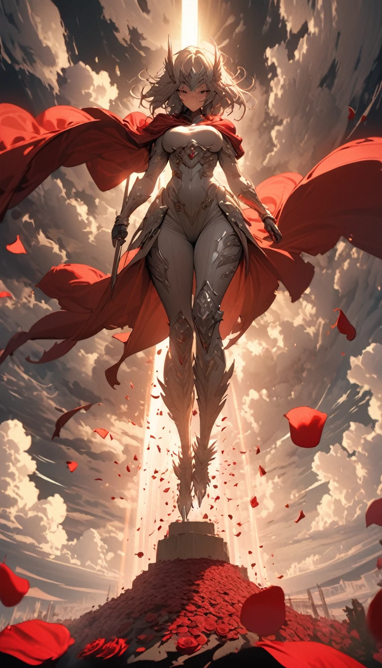 woman，((Holding an oversized and heavy scepter)), （（silver white）），Silver ancient heavy armor, Extra thick helmet，There are small wings on the sides, (((Smooth Mask)), Wrap the whole body, ((Red Cape)), ((Beautiful six-winged battle angel woman)), Handsome face, Full body view, (((Light beam)), (((feather)), ((Thick clouds under your feet)), (((Rose petals fall))), Stereoscopic perspective, masterpiece, Facial details, very good, 16k resolution, high quality, light, High Detail, Dynamic perspective, detailed, Epic Shooting