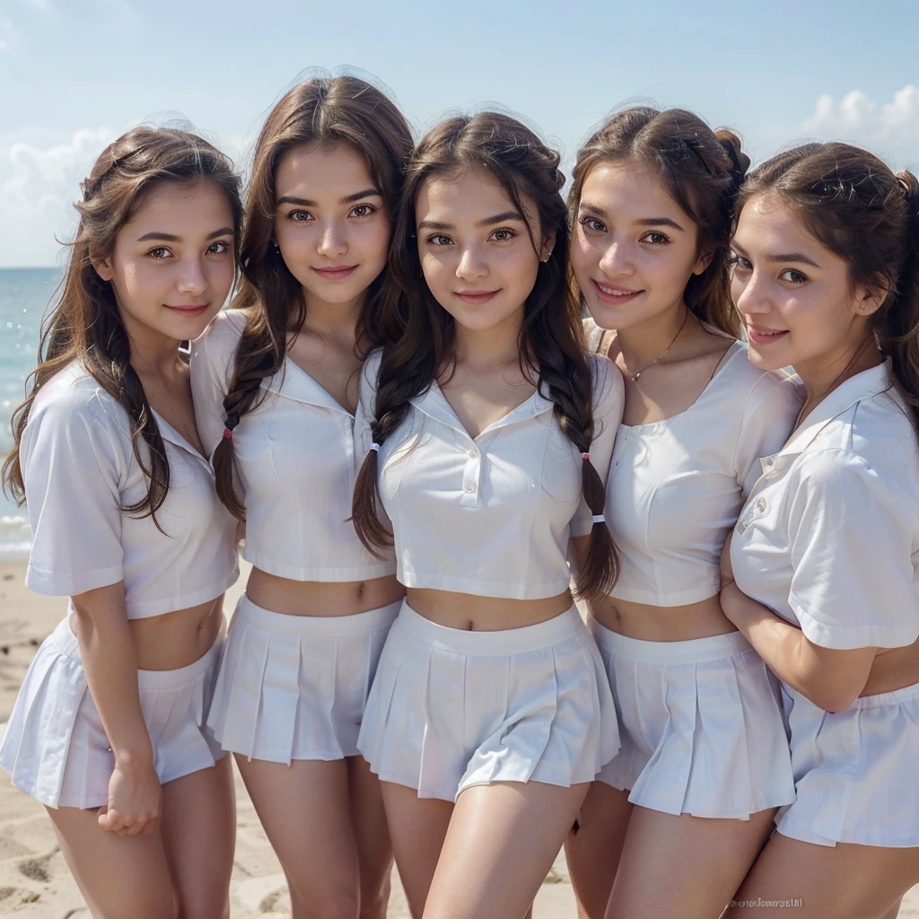 top quality、A high resolution、detailed background、(Beautiful face in every detail:1.4)、anatomically correct、(Draw the usual number of fingers:1.2)、(detailed facial expressions)、(detailed eyes:1.2)、(detailed eyes:1.2)、Beautiful, Smooth skin、Teenage beauty、(Very detailed face:1.4)、Cute hair color、ponytail、bobsleigh、braided long hair、wavy hairstyle、well-groomed eyebrows、Cute Eye Makeup、cute lip makeup、White sailor suit with short sleeves、White Sailor Collar、plaid pleated skirt、In a joking manner、Do cute things、Sunny sea background、Barefoot on the sand、big smile、Sexual manifestations、Fit on one screen、
(Three beautiful girls having fun with their friends:1.5)