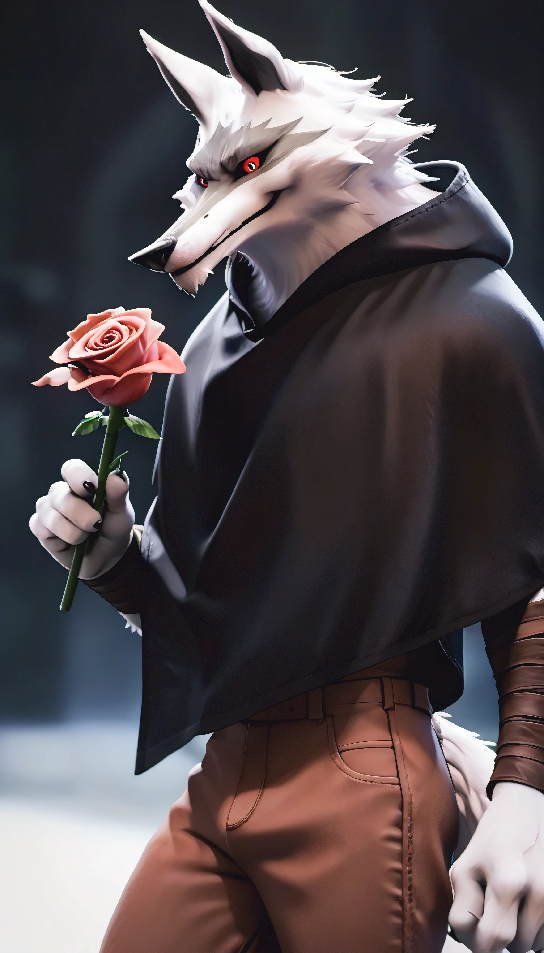 score_9, score_8_up, score_7_up, rating_safe,source_furry,anthro,source_3D, ((best quality, high res)), d3ath, 1male, solo, skinny muscle, tail, black cloak, brown pants, holding a rose, detailed eyes, finely detail, white fur, sadic smirk, red eyes, black sclera, in the dark night mansion hall, by Bebebebebe, by K0BIT0WANI, by Syuro