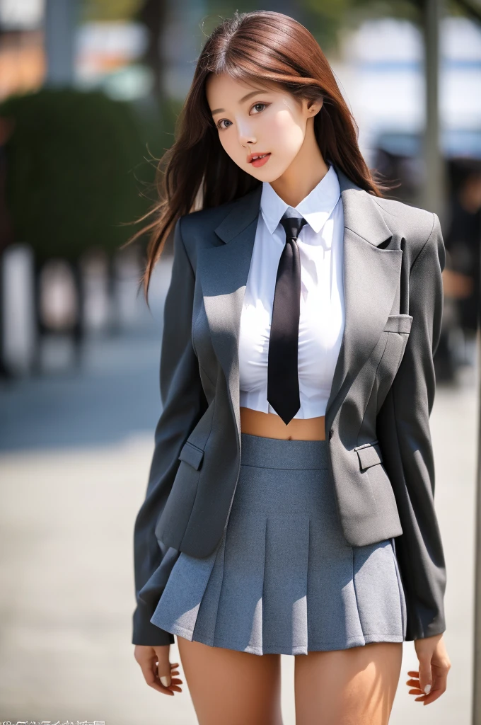 the most beautiful actress in the world, she is 18 years old, the perfect body proportions of this girl, her exposed bare skin is only the lower than her waist, the blazer is firmly worn on the formal shirt which is covering her large breasts, it's too difficult for the short skirt to cover the panties because it's too short, her bare thighs, the lower than her knees are out of this picture, her covered bare skin is only the upper than her waist, blazer is firmly closed and covering her navel, only one description of this picture, at city street, standing, nsfw, best quality, highly detailed, masterpiece, ultra high res, photo realistic, 8k