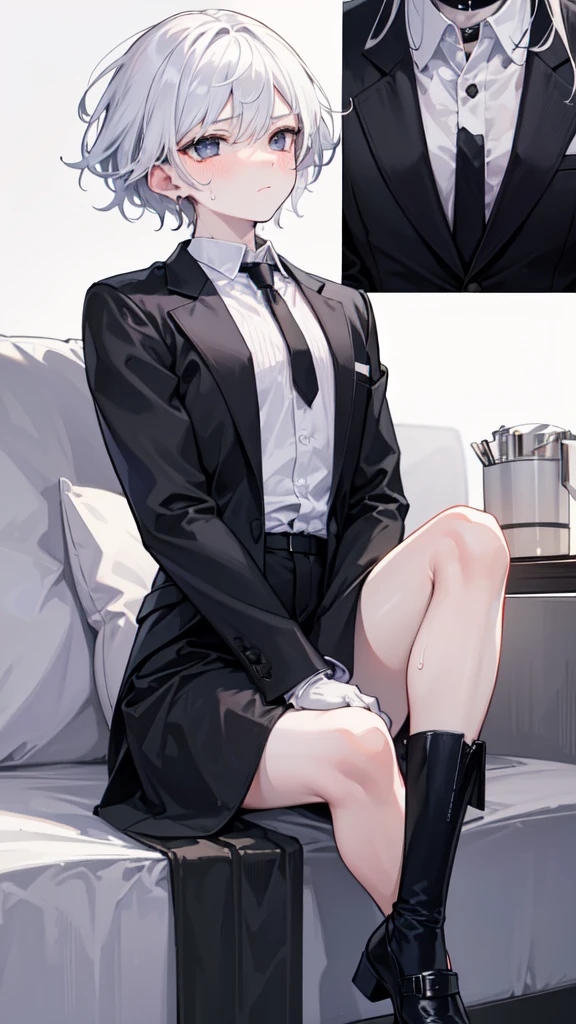 18-year-old boy, white and tender skin, cute, wearing white long-sleeved shirt, black jacket and black work tie, black trousers, black booties, white gloves, collar, white hair, black eyes, thin waist, thin legs, handsome, disdainful and indifferent expression, shy, blushing, afraid, sweating, tired, pornography, Pornographic action