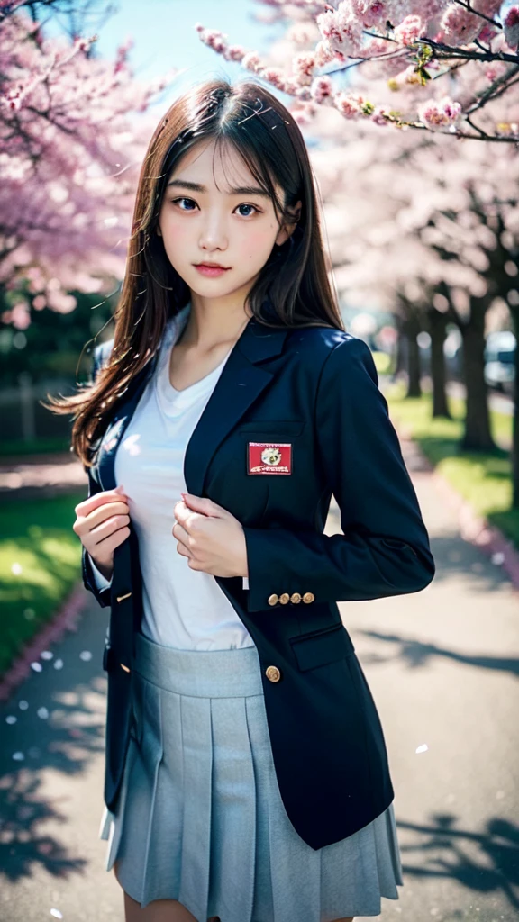 graduation ceremony, high school girl, uniform , navy blue blazer, Cherry tree in full bloom, Cherry blossom confetti, perfect proportions, cute、((18 year old female:1.2)), young adorable Japanese face, official art, Highly detailed CG Unity 8K wallpaper,(masterpiece:1.3), (highest quality:1.0), ultra high resolution, 4k, Super detailed, photo shoot, 8K, nsfw, nipple, ((undressing shirt:1.2)), High resolution, kodak portrait 400, film grain, lens flare glow, highest quality,8K,nsfw:1.2), portrait shot,8K, View viewer