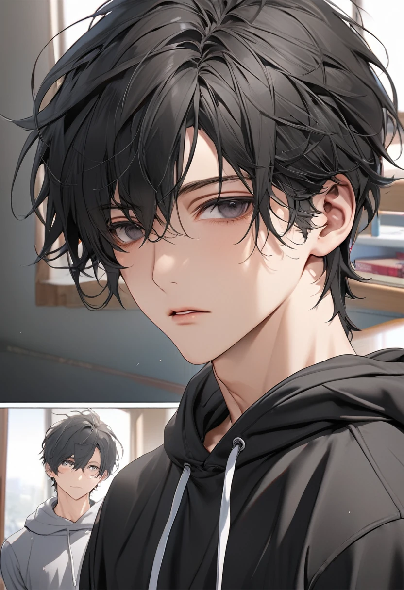 A highschool boy, handsome, perfect body, black hair, short hair, mullet black eyes, expressionless, black hoodie, anime, first-person view, masterpiece, anatomically correct, high details, highres, best quality, super detail, 1080P