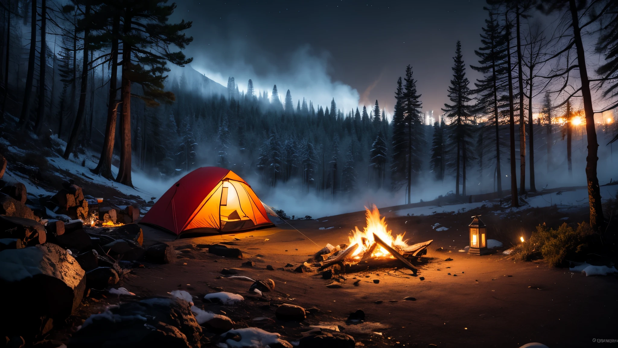 tent near a glass mountain in a large canyon, nighttime conditions lit firewood outside the tent, surrounded by icy forest, volcano emitting colorful smoke, the whole forest covered with many colors, aesthetic, very aesthetic, artistic, very detailed, masterpiece, light refraction, very detailed, very detailed, a masterpiece