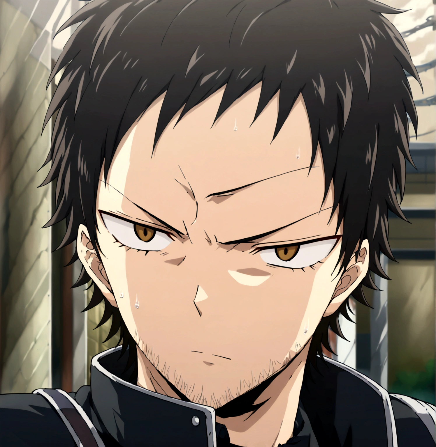 Anime man, shaved beard, serious face, black fluffy messy hair, black suit, cool, ((best quality))