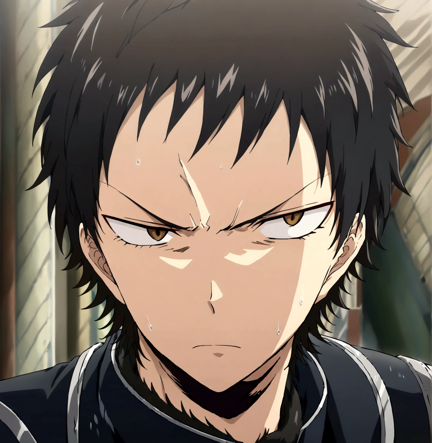 Anime man, shaved beard, serious face, black fluffy messy hair, black suit, cool, ((best quality))