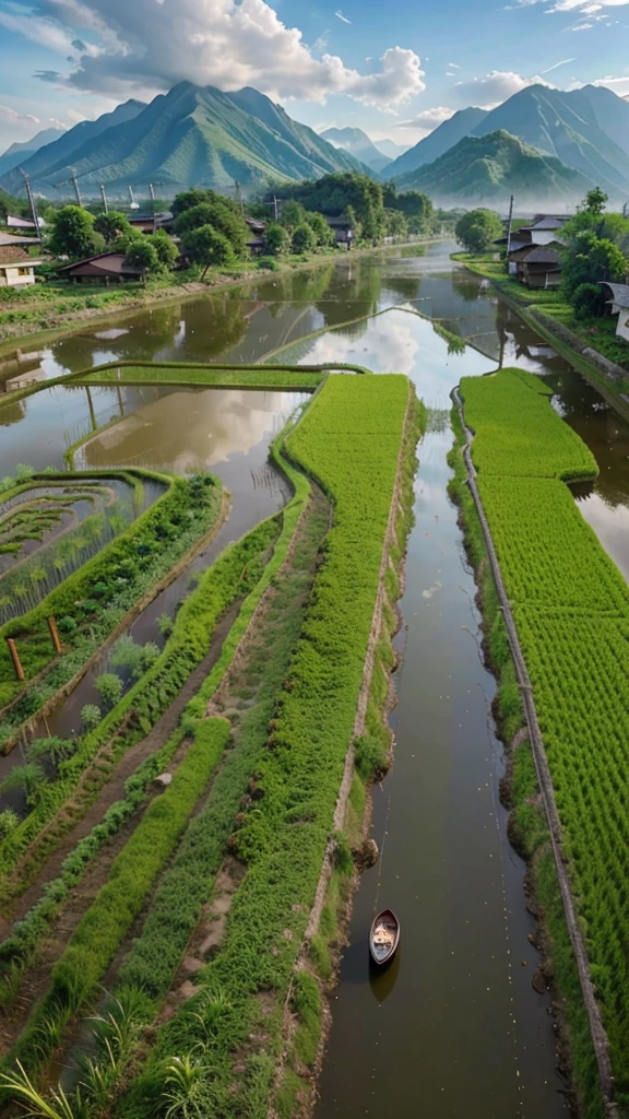 icture of a real view of the rice fields, next to river side and there are several residents' houses arranged beautifully, in the distance you can see the beautiful towering mountains