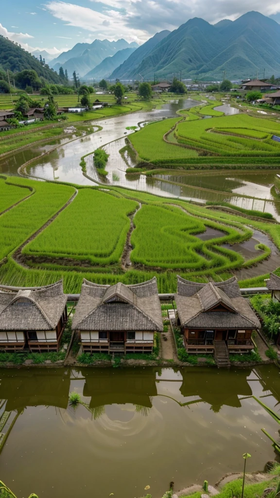 icture of a real view of the rice fields, next to river side and there are several residents' houses arranged beautifully, in the distance you can see the beautiful towering mountains