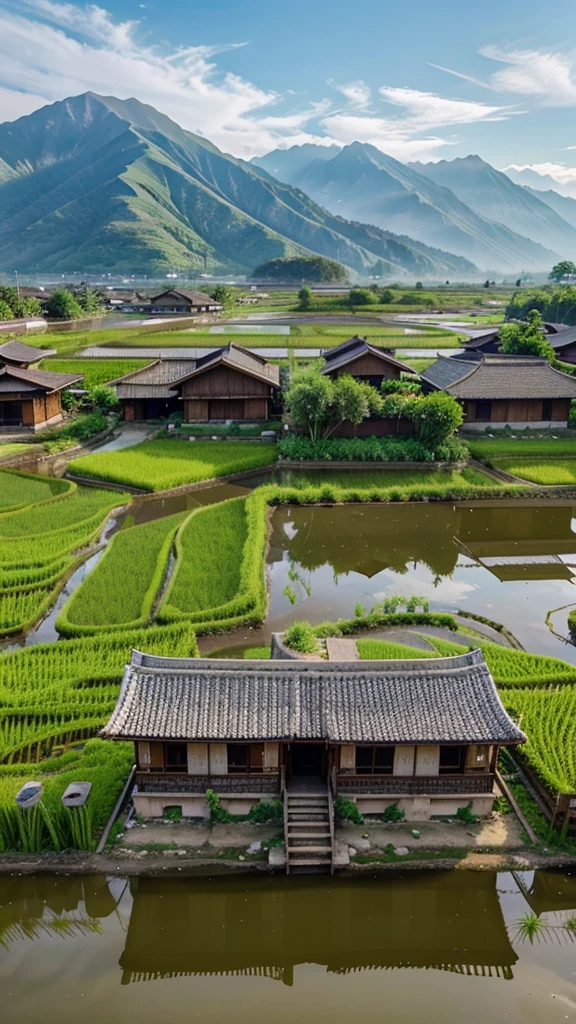 icture of a real view of the rice fields, next to river side and there are several residents' houses arranged beautifully, in the distance you can see the beautiful towering mountains
