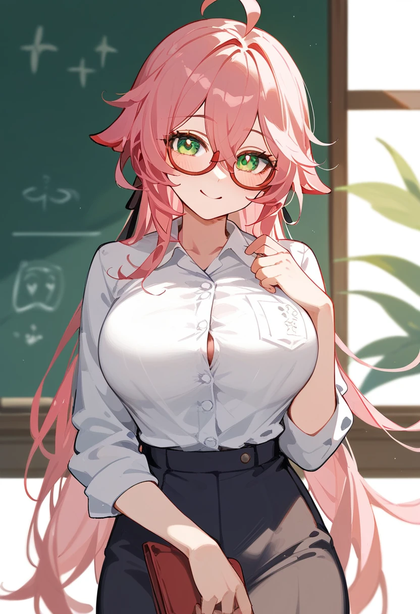 School Swimsuit、One Woman、private teacher、Big Breasts、Pink Hair、Long Hair、Straight Hair、Ahoge、Kind older sister、Pink small glasses、Green Eyes、smile、Droopy eyeature