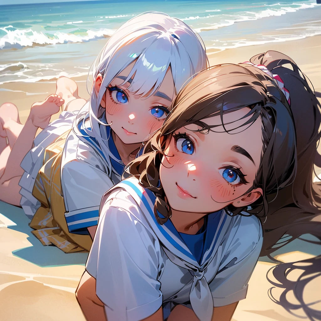top quality、A high resolution、detailed background、(Beautiful face in every detail:1.4)、anatomically correct、(Draw the usual number of fingers:1.2)、(detailed facial expressions)、(detailed eyes:1.2)、(detailed eyes:1.2)、Beautiful, Smooth skin、Teenage beauty、(Very detailed face:1.4)、Cute hair color、ponytail、bobsleigh、braided long hair、wavy hairstyle、well-groomed eyebrows、Cute Eye Makeup、cute lip makeup、White sailor suit with short sleeves、White Sailor Collar、plaid pleated skirt、In a joking manner、Do cute things、Sunny sea background、Barefoot on the sand、big smile、Sexual manifestations、Fit on one screen、
(Three beautiful girls having fun with their friends:1.5)