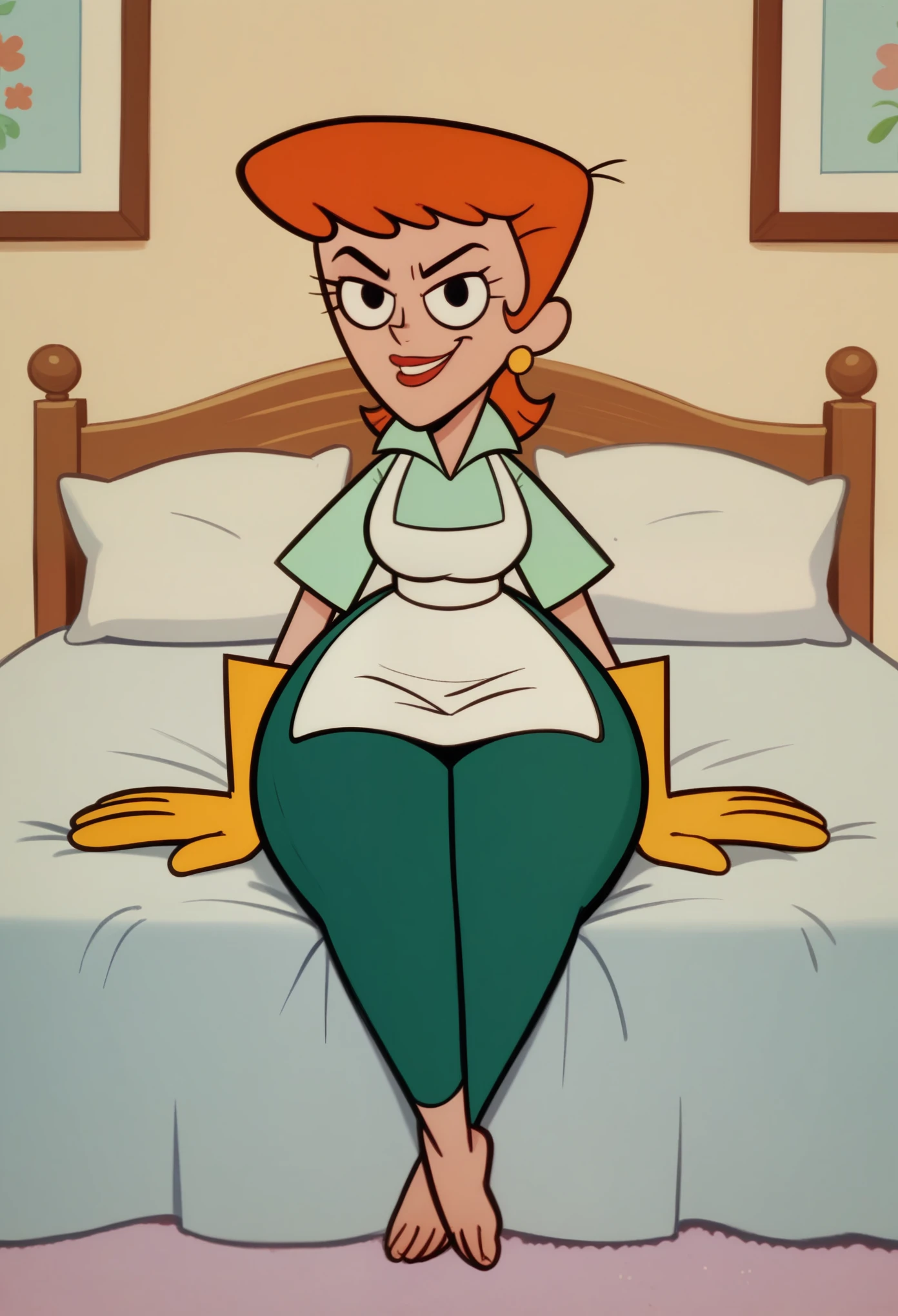 zPDXL2, dextersmom, woman, black eyes, aqua shirt, green pants, rubber gloves, short orange hair, earrings, wide hips, apron, lipstick, feet, looking at viewer, serious, smiling, sitting, on bed, spreading legs, inside cozy bedroom,