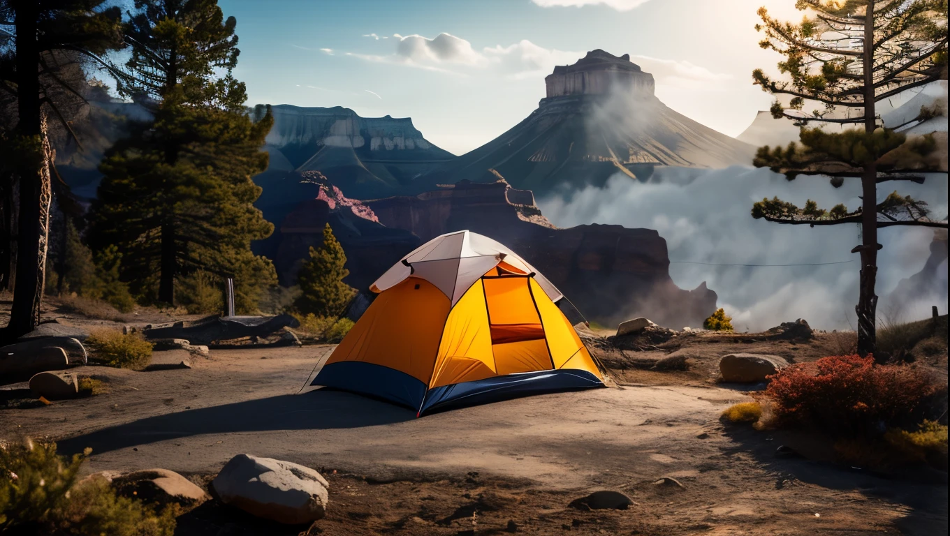 tent near the glass volcano in the grand canyon, surrounded by ice forest, the volcano emits colorful smoke, the whole forest is covered with many colors, aesthetic, very aesthetic, artistic, very detailed, masterpiece, light refraction, very detailed, very detailed , a masterpiece