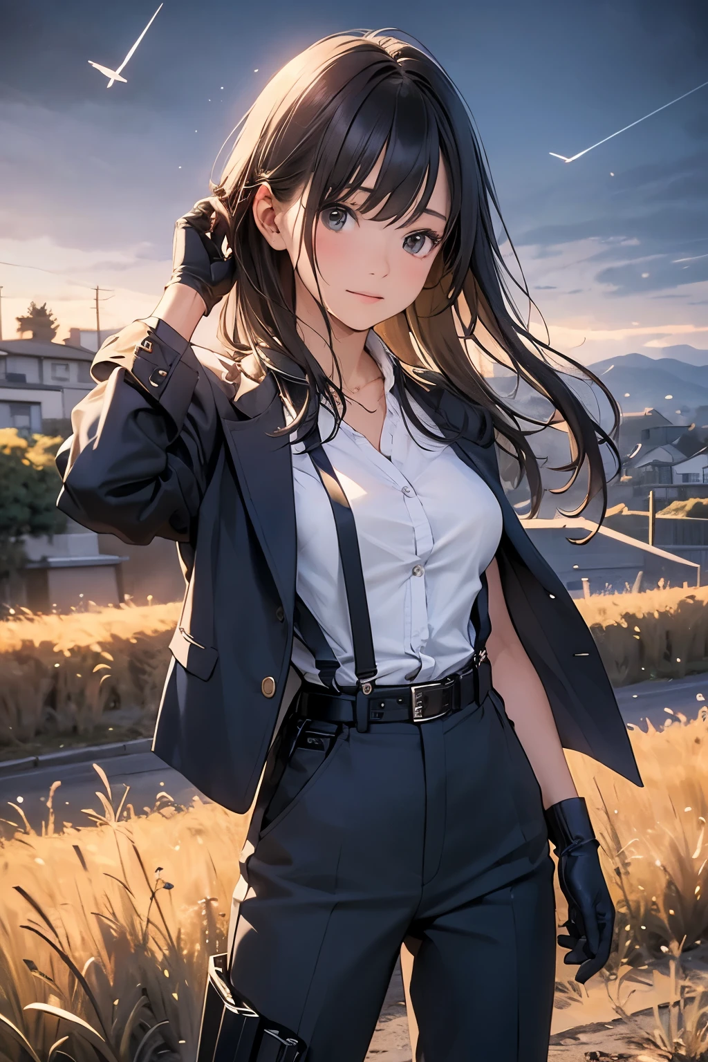 Highest quality, masterpiece, Ultra-high resolution, (realism: 1.4), Oil painting style, Cinema Lighting, An endless grassland dotted with a few houses, I stood on the empty asphalt road and looked at it., Fairy Mountain々was shrouded in mist, And the suspenders with the cranes flying Moderate breasts Small face holster Beautiful woman Lying in bed Looking up Sweat belt summer 脇Sweat Black Hole Gloves suit shirt Black jacket Black trousers Leg Links ズボンにbelt holster Nipples show through the top of clothes