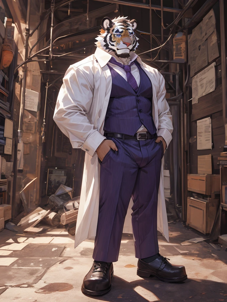 bara furry white tiger male wearing purple trench coat purple trousers and white dress shirt and necktie, loafers, very tall, broad shoulders, narrow waist, muscular, long legs, big bulge, beautiful eyes, purple eyes, full body, best quality, high quality, silver earring on left ear, dead stare, cold expression